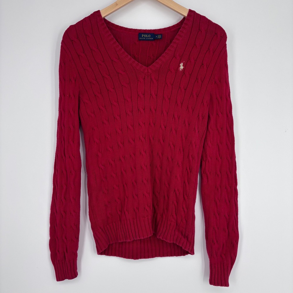 Polo Ralph Lauren Sweater Womens M Red Cable Knit V-Neck Cotton Old Money Preppy